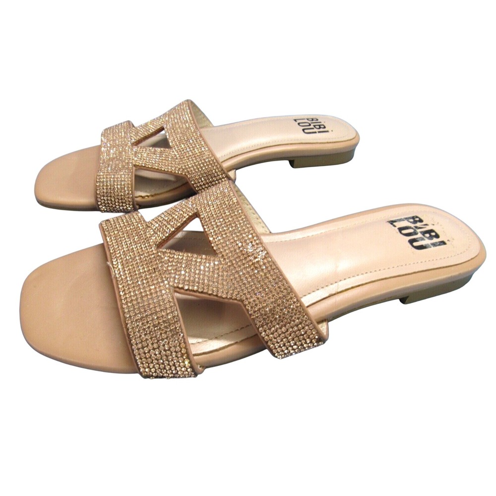 BIBI LOU Anthropologie SPARKLE SLIDES Nude LEATHER Rhinestones SANDALS 38 (US 7)